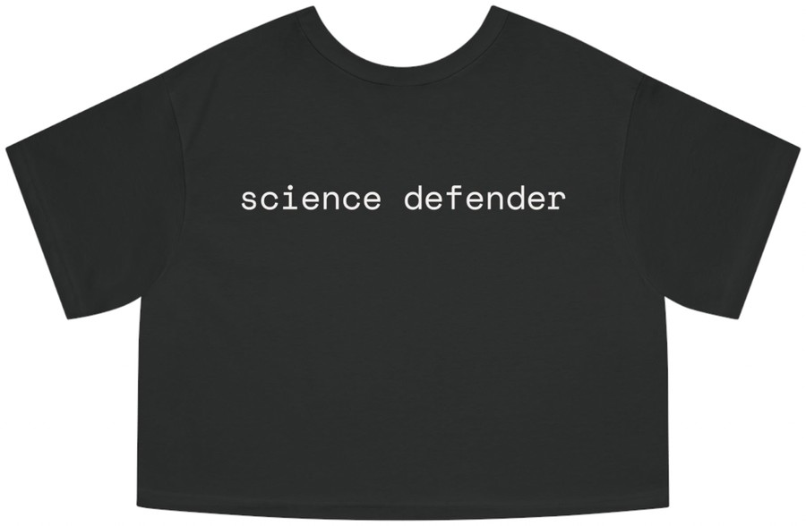 science defender crop tee, back, science defender across the back